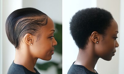 Obraz premium Before and after photo of an African American woman with thinning hair. In the after photo, she has a thick natural hair that grew and is full on the top left side of her head, and her right