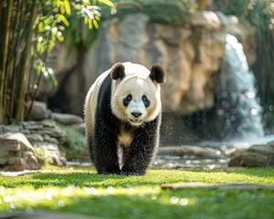 Obraz premium Cute panda animal background with view of the wild forest and tree ai generated