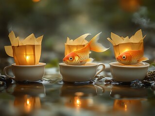 Golden Fish in Illuminated Teacups: A Serene, Dreamlike Scene