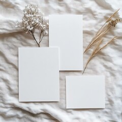 Visual aesthetic: Light, airy, sophisticated, boho wedding, white theme. Realistic, minimalistic, simple, sophisticated. Subject: Three white cards. One vertical 5x7. One vertical 4x6. One horizontal