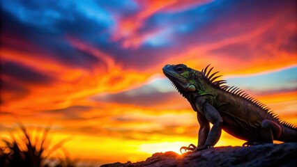 Reptile silhouette against a sunset background with vibrant colors and warm light