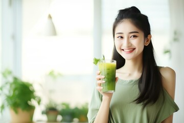 Smiling asian woman enjoying a healthy green detox smoothie in a bright home environment