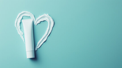 Tube of cream or toothpaste with heart shape drawn from cream or toothpaste on a light blue background, flat lay composition with copy space. Skincare, toothcare and beauty product concept
