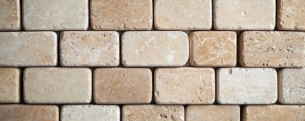 Fototapeta premium Bathroom renovation construction concept. Textured wall made of beige and cream-colored bricks.