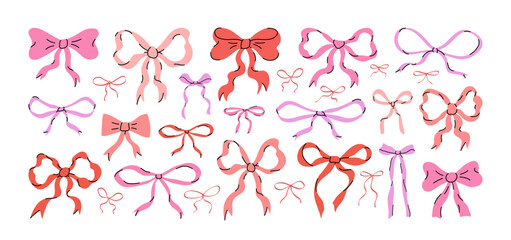 Set of hand drawn various colorful bow knots, ribbons and bows. Hair accessories. Bow knots for holiday gifts. Trendy flat vector illustration. Perfect for poster, cards, wedding invitations.