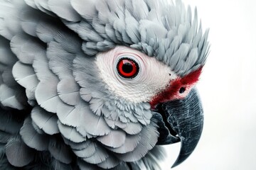 Obraz premium Elegant African Grey Parrot on a White Background: A Study of Grey Feathers and Vibrant Red Beak