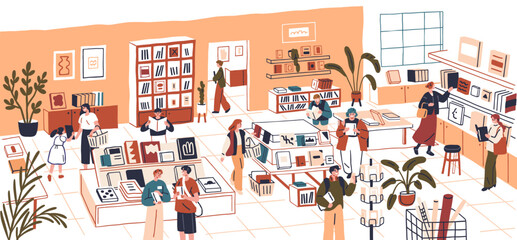 Book store interior with shelves. Customers choosing and buying literature to read and study. Readers buyers walking, searching in modern retail bookstore, shop space. Flat vector illustration © Good Studio