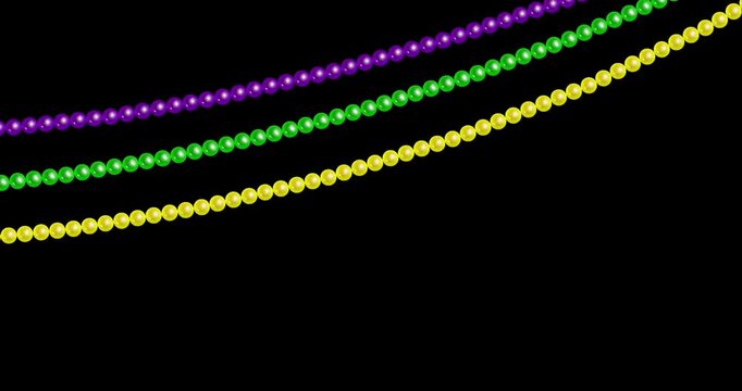 Mardi Gras bright colorful  beads. Seamless animation beautiful yellow, green, purple beads on black background. Mardi Gras Party. Venetian carnival symbol. 4k video graphic 