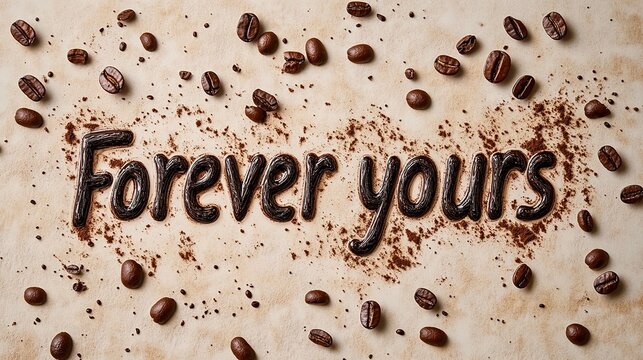 Coffee beans spell "Forever yours" on a textured surface