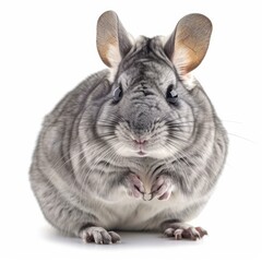 Obraz premium Adorable grey chinchilla standing on its hind legs on a white background, with soft fluffy fur and bright eyes