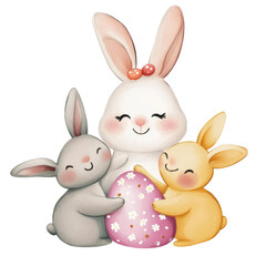 bunny family celebrating Easter with colorful egg in cozy setting
