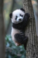 Obraz premium Cute panda animal background with view of the wild forest and tree ai generated