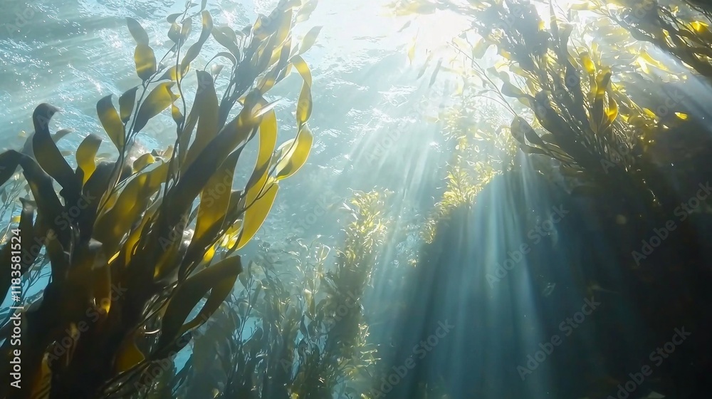 Poster sunlight filters through the surface, illuminating the vibrant green of a thriving kelp forest. the 