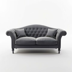 Fototapeta premium Gray velvet sofa with pillows standing on a white background in an empty room