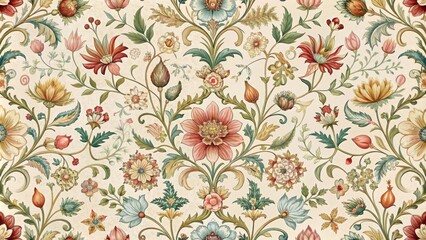 Floral pattern with intricate details and soft pastel colors on a cream-colored background , floral motifs, antique textiles
