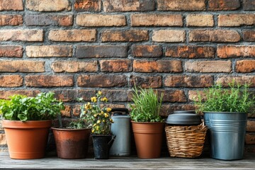 Assortment of Gardening Tools by a Rustic Brick Wall for Outdoor Care Activities