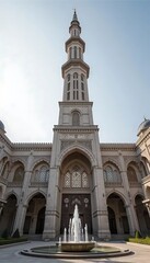 Fototapeta premium Elegant Mosque Architecture: Tall Minaret, Archways, and Fountain