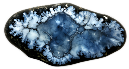 A polished agate slice showcasing vivid blue hues and intricate patterns set against a black background. Perfect for geological or natural beauty themes