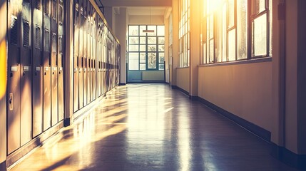 Sunlit Serenity in Empty School Hallway with Polished Floor and Reflective Lockers. Tranquil educational environment with natural light.