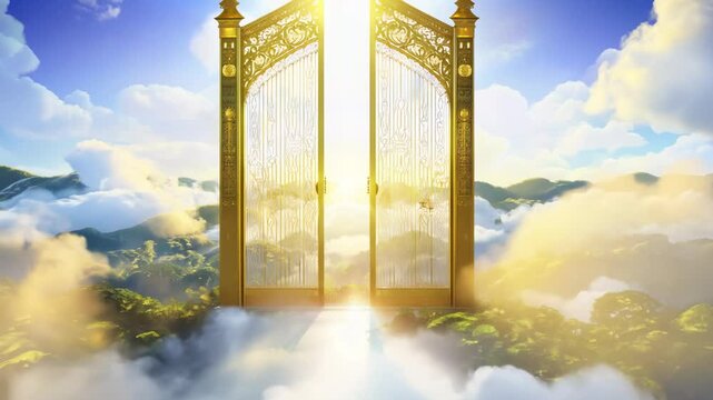 Open golden gates of Paradise against white clouds. Entrance to the afterlife for the righteous. Witness the open gates of Paradise, a beautiful entrance to the afterlife.