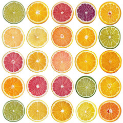 Obraz premium A Beautiful Array of Colorful Citrus Fruit Slices, Including Oranges, Limes, and Grapefruits, Isolated on a Bright White Background for Eye-Catching Appeal PNG