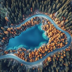 Obraz premium The road near turquoise lake. Aerial landscape. The road by the lake in Switzerland. Summer landscape from the air. Forest and road with curves.