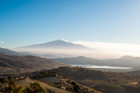 View of Etna volcano and Pozzillo lake from Nicosia in Sicily
