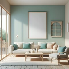 minimalist living room bathed in natural light from a large window. Frame mockup, Living room wall poster mockup. Interior mockup with house background. Modern interior design. 
