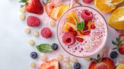 Refreshing Strawberry Bubble Tea with Tapioca Pearls and Fresh Fruits for a Sweet Treat