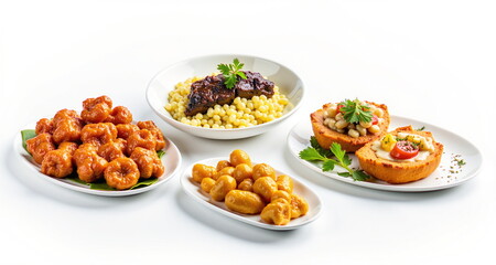 Jedzenie na białym tle. Pięknie skomponowane dania żywieniowe gotowe do wstawiania. Potrawy - jedzenie.