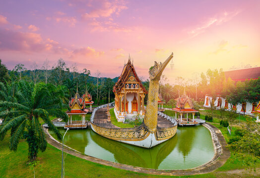 Buddhism Wat Bang Riang Temple sunset, aerial top view, Ranong Thailand