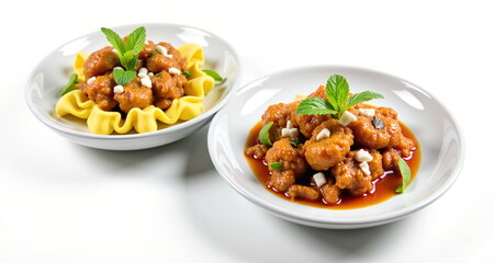 Jedzenie na białym tle. Pięknie skomponowane dania żywieniowe gotowe do wstawiania. Potrawy - jedzenie.