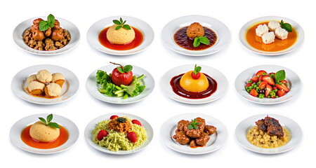 Jedzenie na białym tle. Pięknie skomponowane dania żywieniowe gotowe do wstawiania. Potrawy - jedzenie.