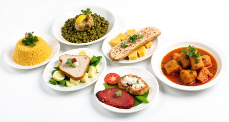 Fototapeta premium Jedzenie na białym tle. Pięknie skomponowane dania żywieniowe gotowe do wstawiania. Potrawy - jedzenie.