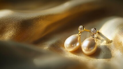 Fototapeta premium A pair of pearl earrings are sitting on a gold background