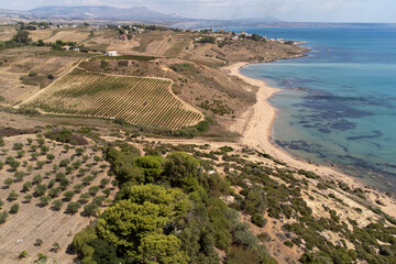 View of the coast and countryside from above in the Menfi area in Sicily
