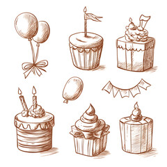 Simple line art doodles of different birthday element