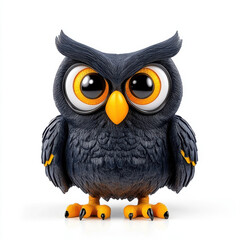 Fototapeta premium A captivating 3D rendering of a dark owl, large eyes, fierce expression, against a clean white backdrop.
