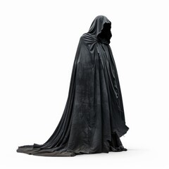 Mysterious figure wearing a dark cloak is standing in an empty white space