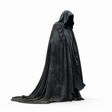 Mysterious figure wearing a dark cloak is standing in an empty white space