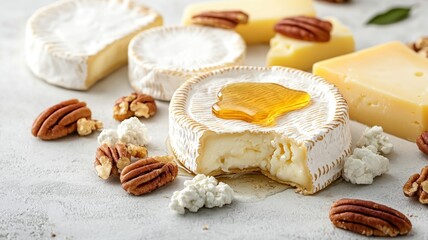 Charcuterie board cheese concept. Cheese assortment with nuts and honey on a light background.