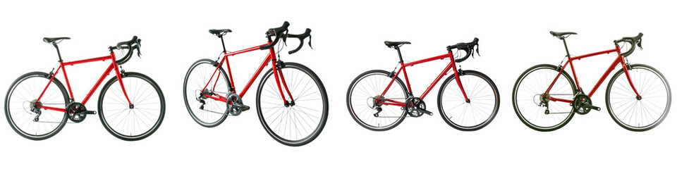 Multiple Road Bicycles Arranged in a Row Showcasing Different Models Styles and Colors Against a Clean White Background