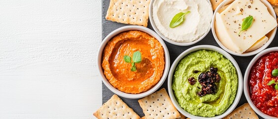 Charcuterie board cheese concept. Assorted dips served with crackers on a slate board.