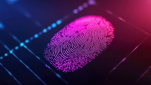A vibrant, digital fingerprint glows in pink and blue, symbolizing identity verification and cybersecurity in a modern tech landscape.