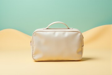 A sleek and simple travel toiletry kit on a pastel sand background
