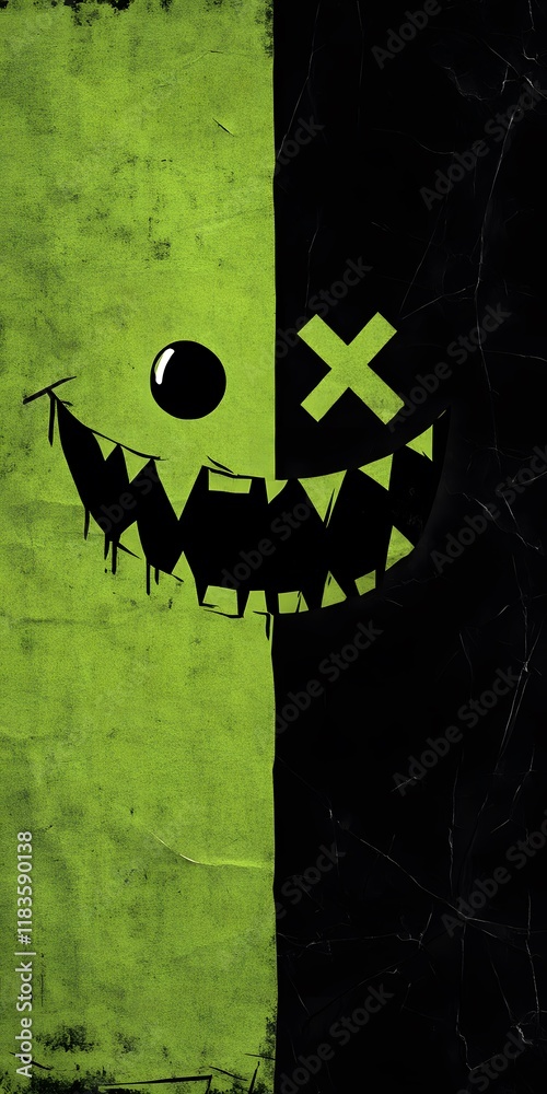 Sticker  illustration of an evil smiley face with black teeth and green eyes