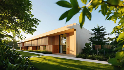 Contemporary building with large windows, green walls, and lush landscaping, showcasing sustainable architecture