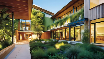 Fototapeta premium Contemporary building with large windows, green walls, and lush landscaping, showcasing sustainable architecture