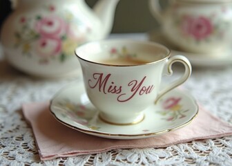 Fototapeta premium MISS YOU written in a delicate font on a tea cup surrounded by floral napkins and a vintage teapot