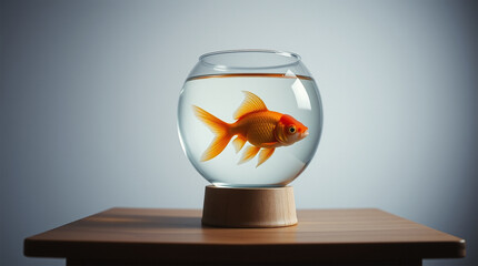A vibrant orange goldfish gracefully swims in a crystal-clear glass bowl, a miniature underwater world,  A photo of a goldfish bowl on a wooden table with a simple background